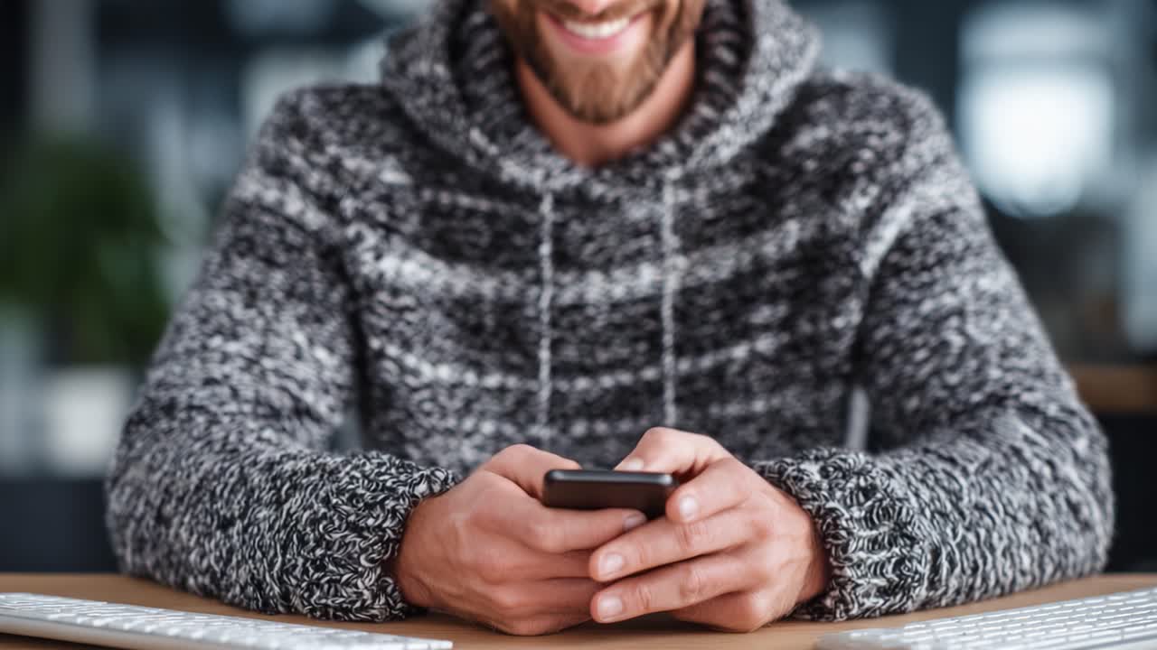 Engagement and Expression: A Man with a Phone in Hand Smiles While Interacting with His Device, Capturing a Moment of Connection and Joy