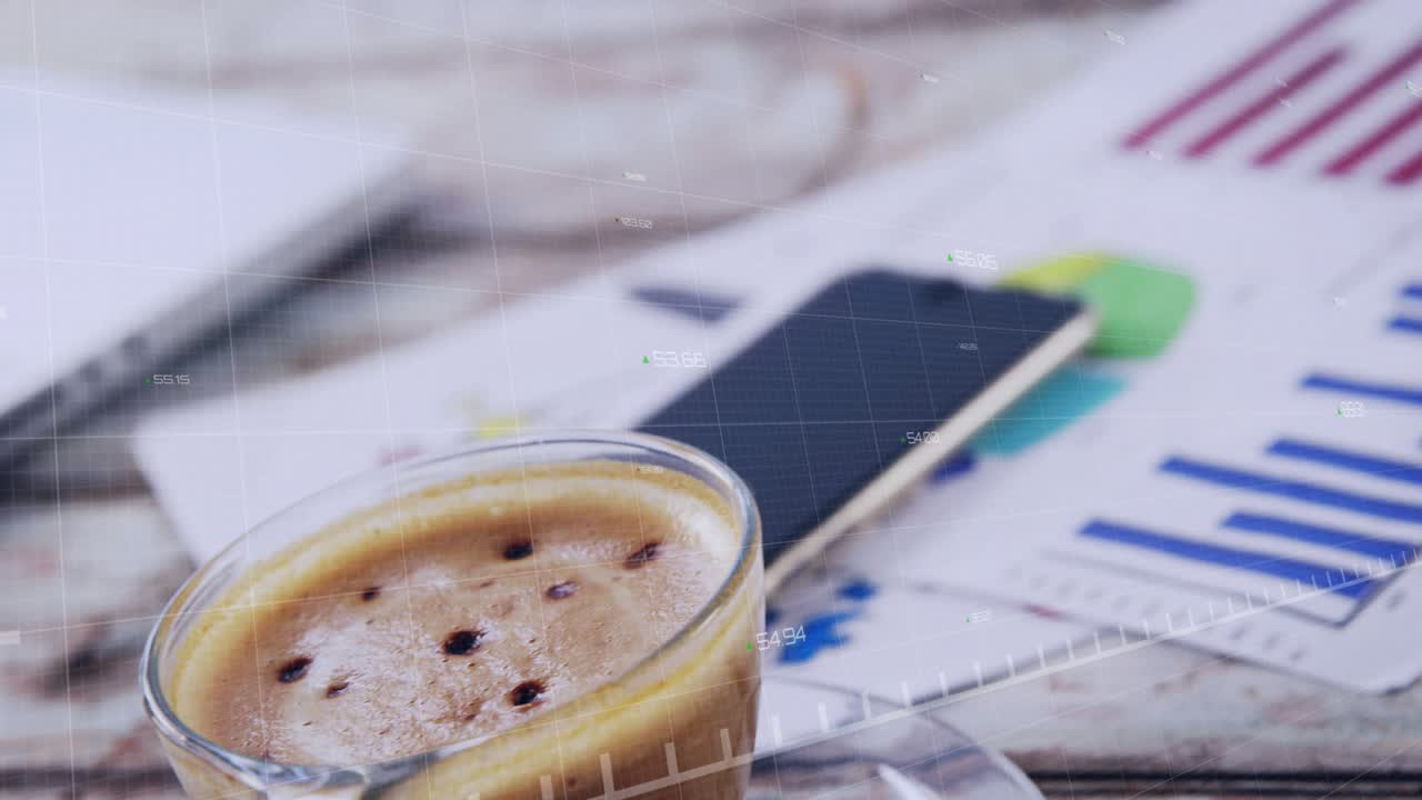 Thin green trend line appearing bottom left, animating across coffee mug to show performance growth