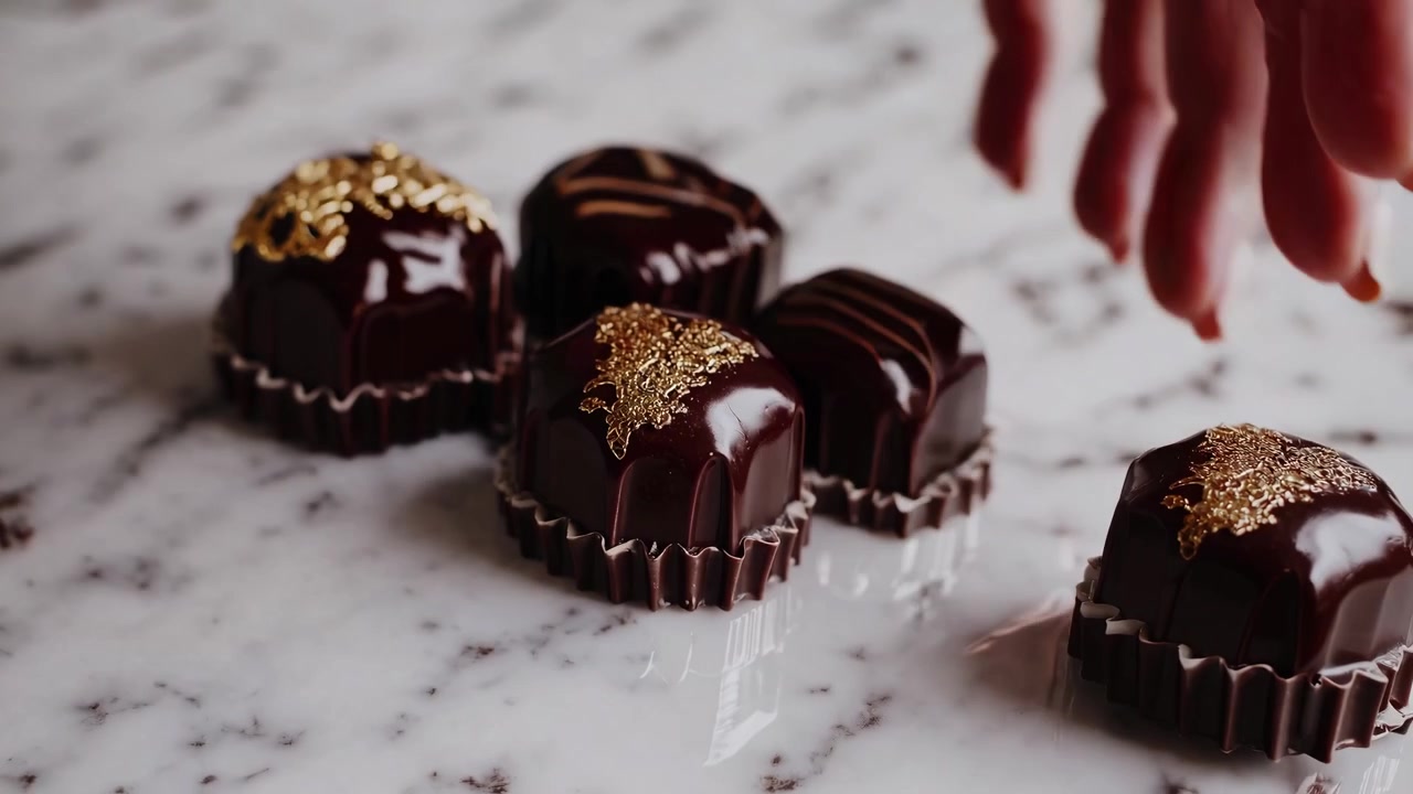 Mano che posiziona tartufi di cioccolato gourmet su superficie di marmo