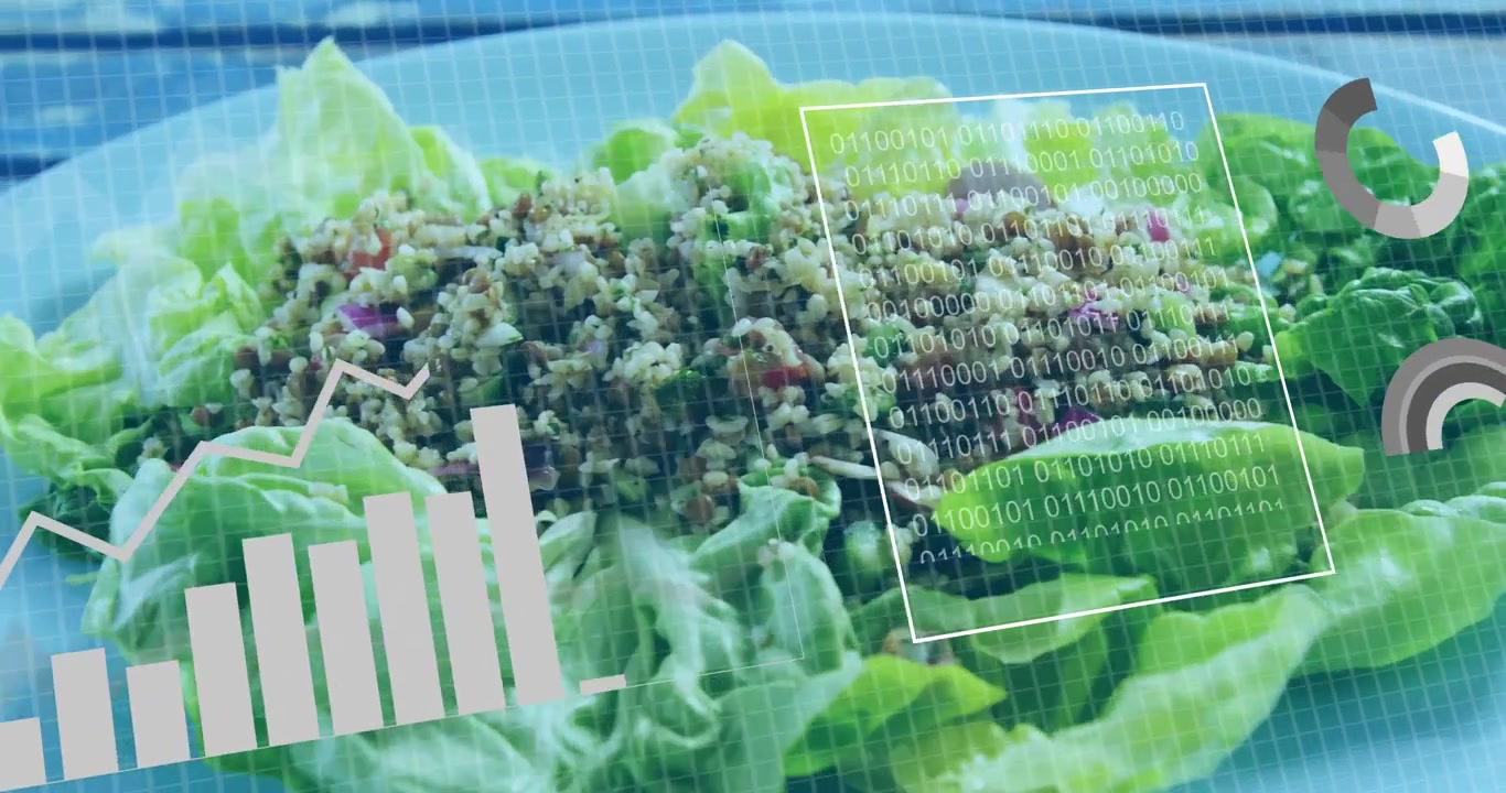 Insalata con grafici di dati e animazione di codice binario sovrapposti all'immagine.