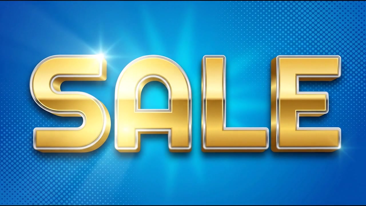 Animazione di banner testuale promozionale per saldi con tipografia 3D vibrante