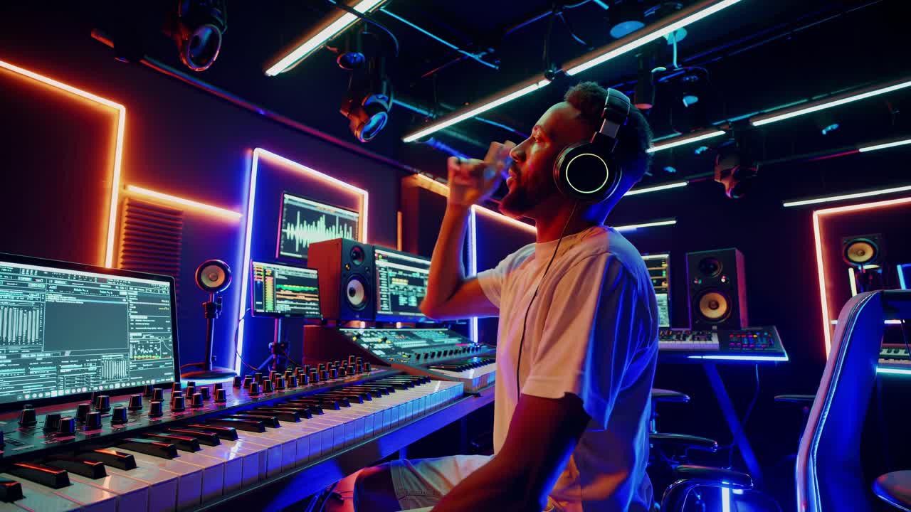 joven productor de música componiendo música electrónica usando computadora, teclado midi, mezclador de sonido y otros equipos de audio profesionales en un estudio de grabación moderno con luces led coloridas