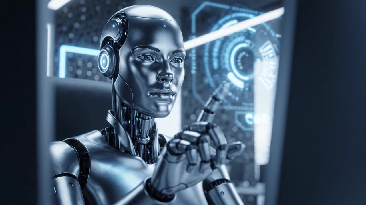 A Hyper-Realistic Robotic Figure Engaging with Technology and Human Interaction in a Futuristic Environment, Highlighting the Future of Artificial Intelligence