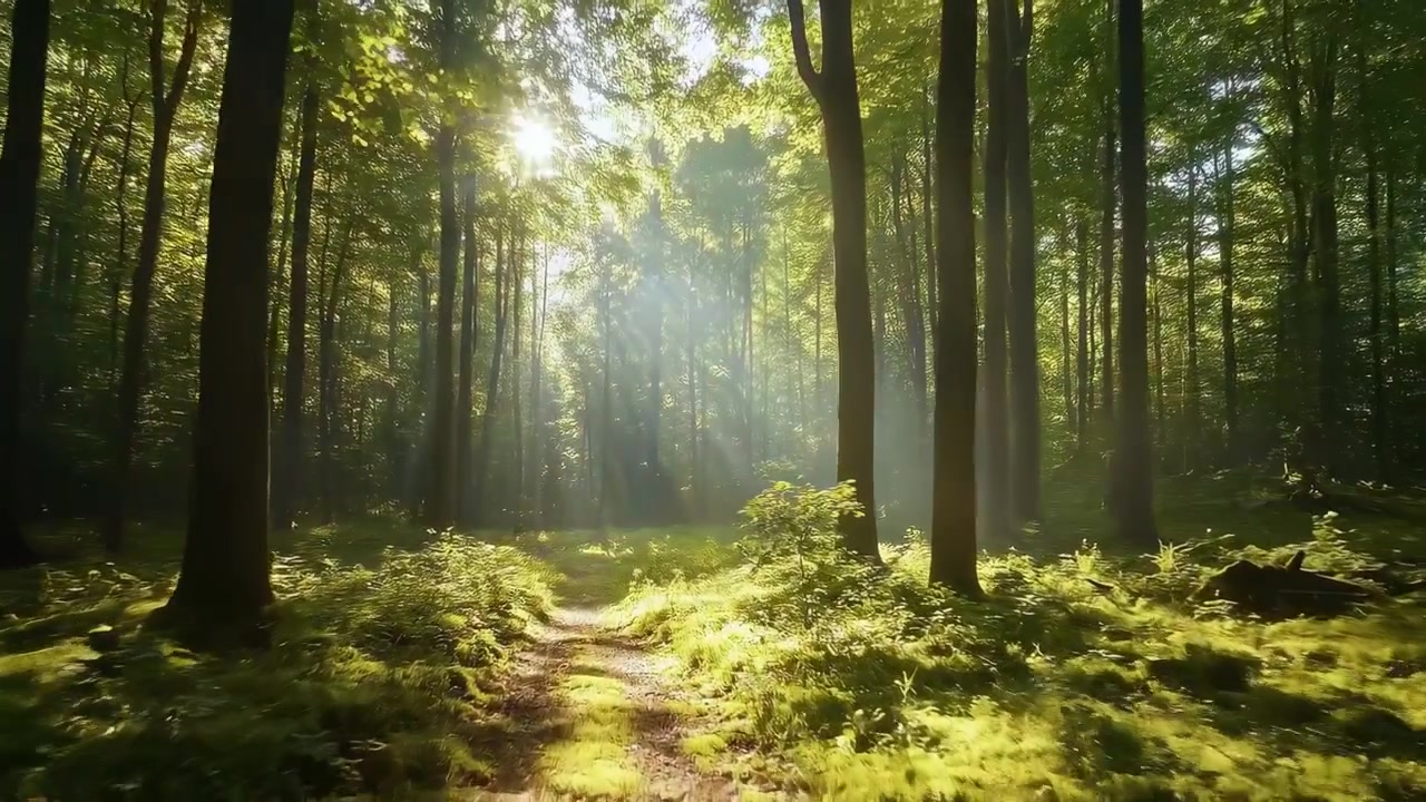 Goldene Sonnenstrahlen beleuchten einen ruhigen Waldweg