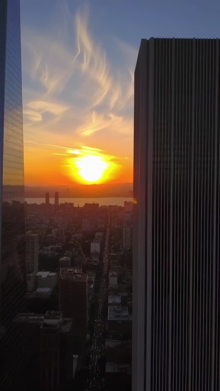 Um vídeo aéreo captura um pôr do sol deslumbrante entre arranha-céus, destacando a beleza urbana