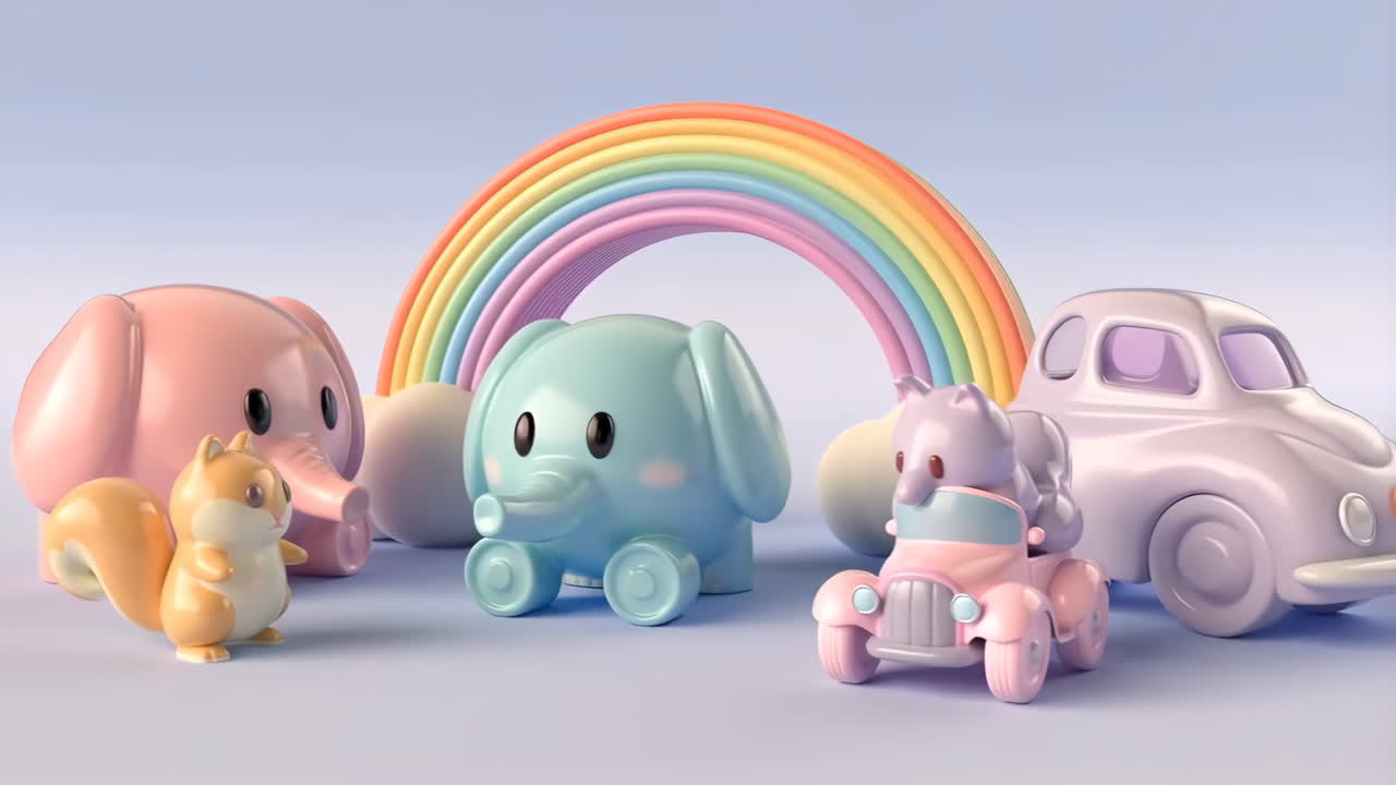 Cute Pastel Toy Animals and Cars with Rainbow