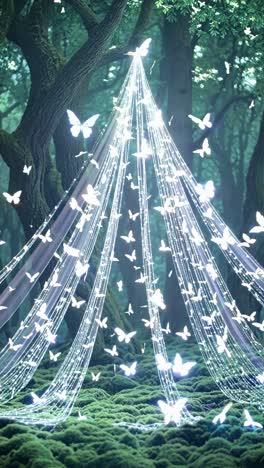 a magical forest scene with glowing butterflies forming a luminous tent