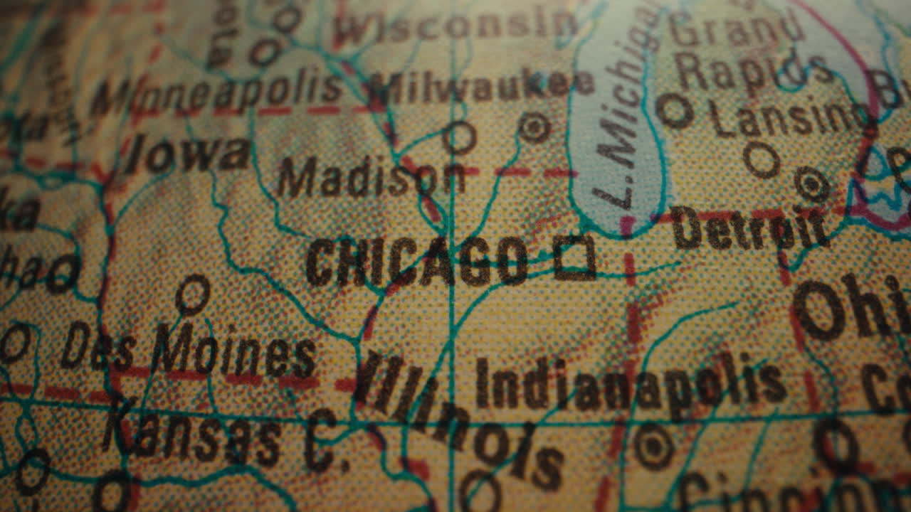 Close-up of a world map highlighting Chicago