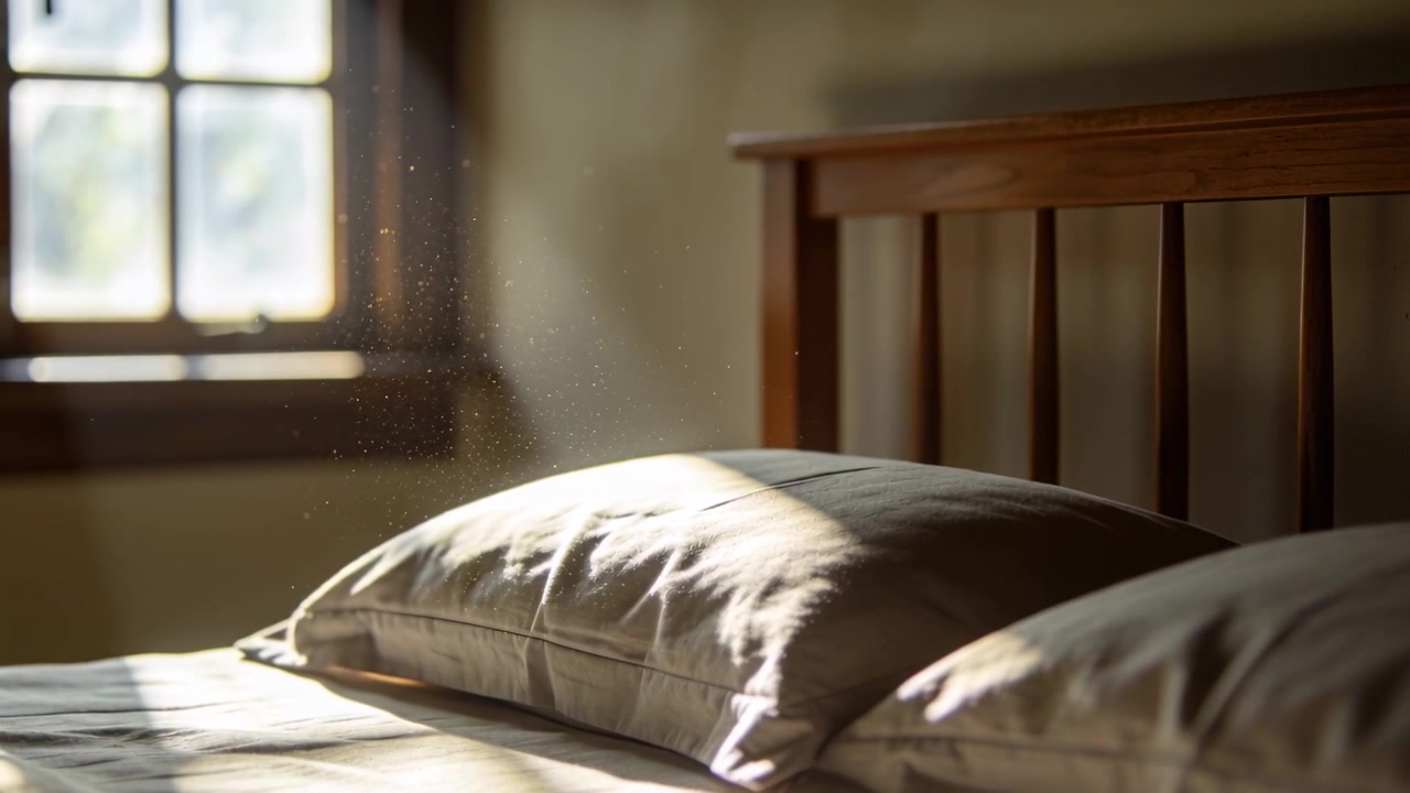 Raggio di sole che filtra, illuminando e spostandosi sui cuscini del letto alla finestra della camera da letto, con moti di polvere che si muovono.