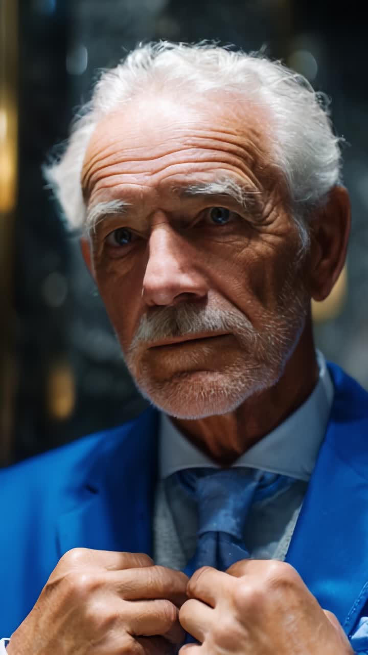 Un uomo anziano si sistema la cravatta con eleganza, indossando un elegante abito blu, emanando sicurezza e raffinatezza in un ambiente riflessivo, pieno di classe e sofisticazione