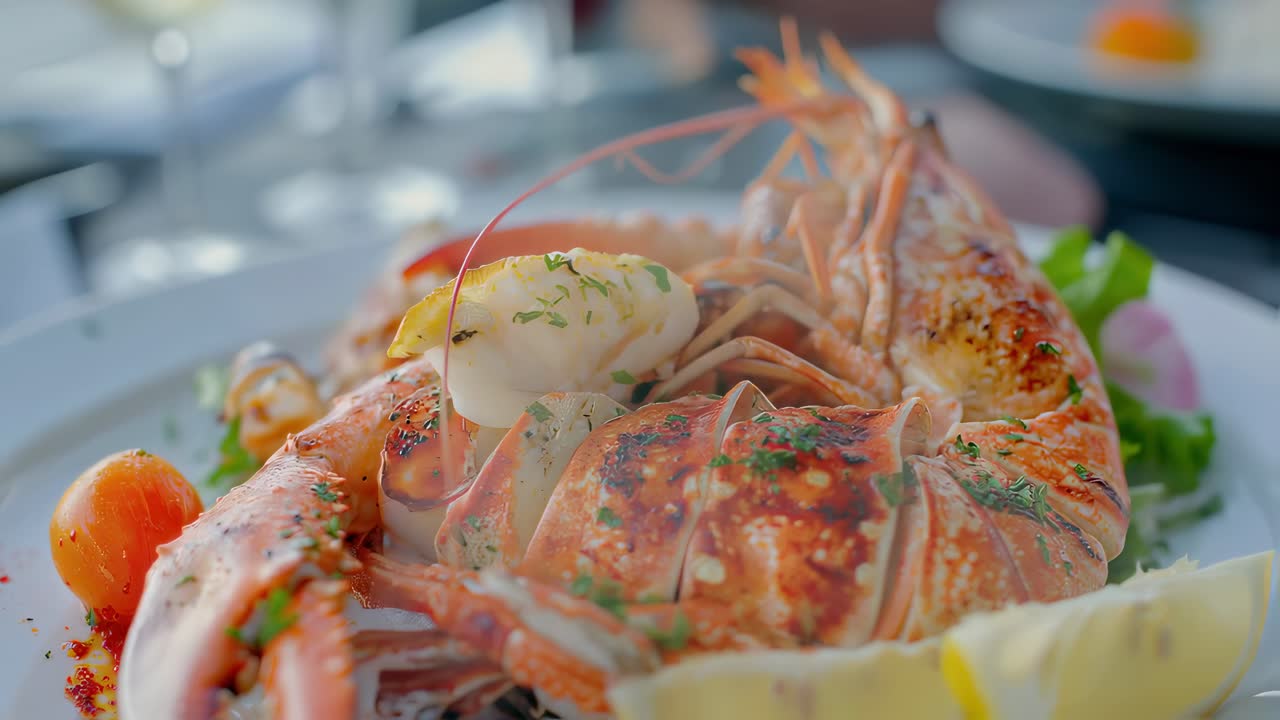 Succulent steaming lobster resting on white plate, accompanied by vibrant vegetables and bright lemon wedge, showcasing gourmet culinary presentation