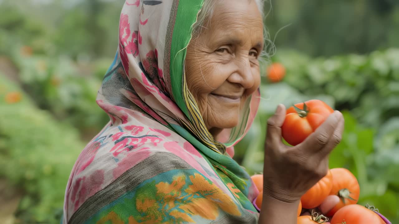 Elderly Woman Farmer Holding Tomatoes
