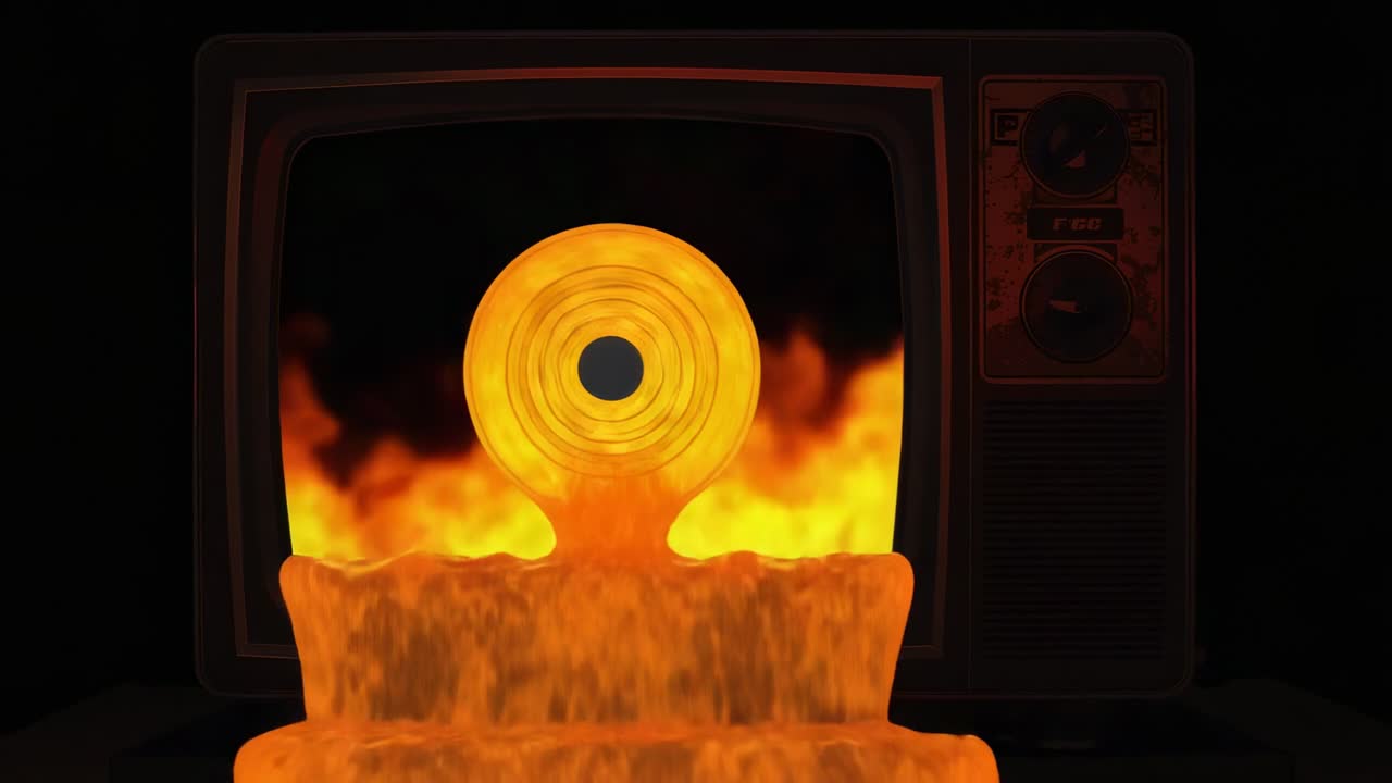 Viser et vintage CRT-fjernsyn i et mørkt hjørne, der udsender en grå spiral, som skifter til flammer, der danner en smeltet ring.