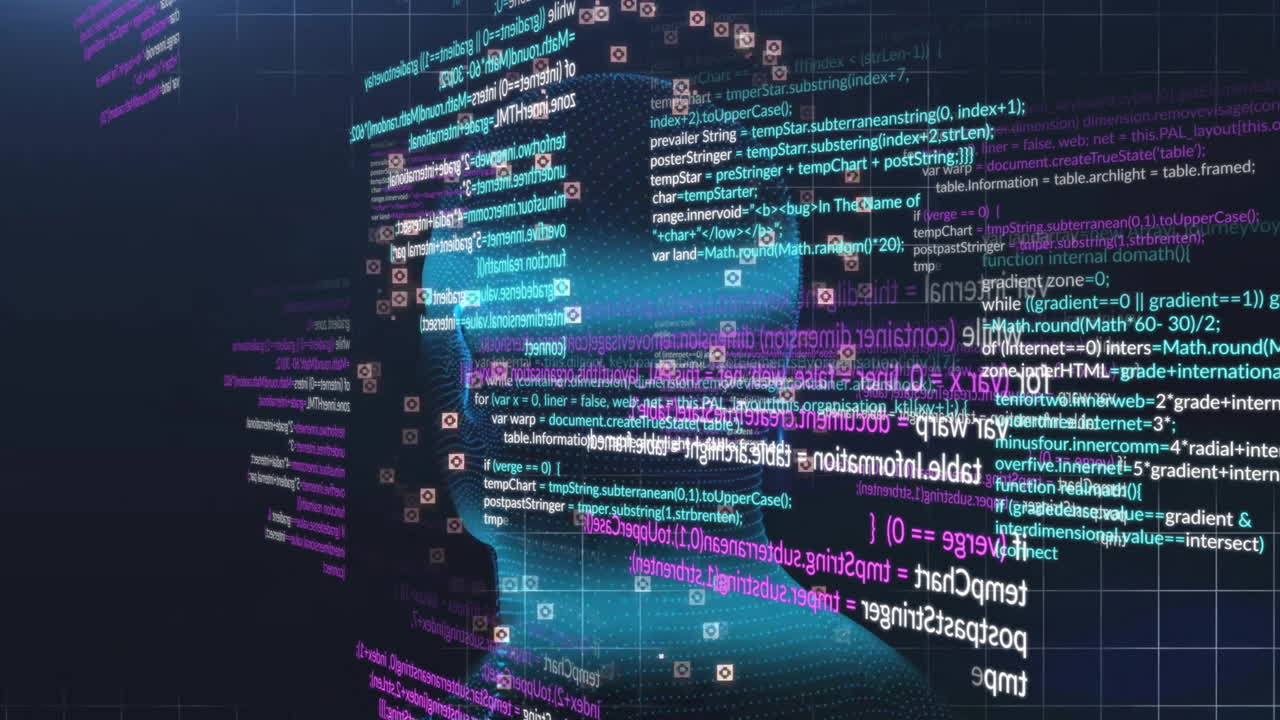 Animation of human head and data processing over dark background