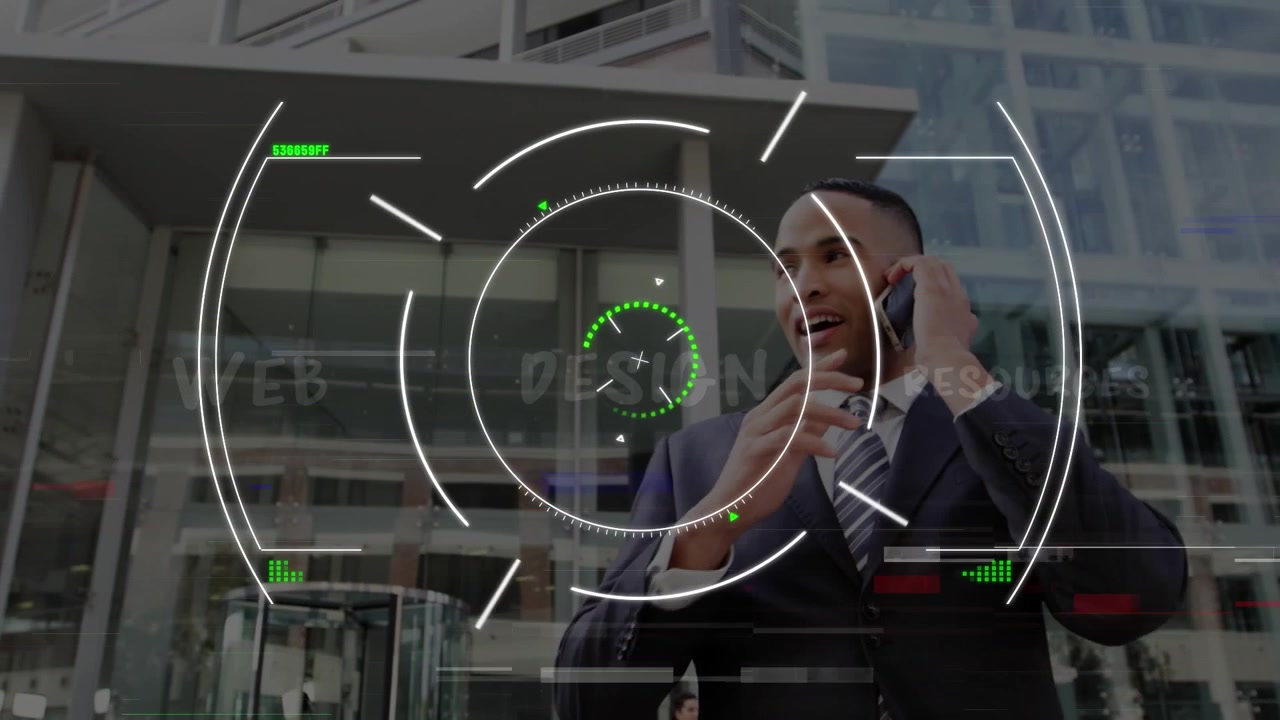 Animazione di elaborazione di dati finanziari e una proiezione su un uomo d'affari.