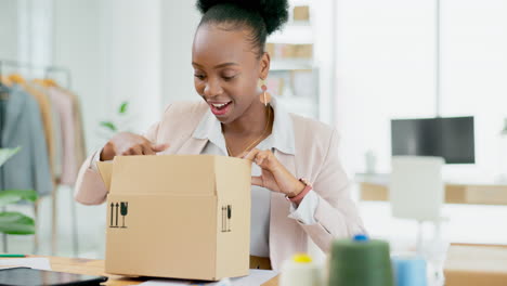 black woman, logistics and unpacking box