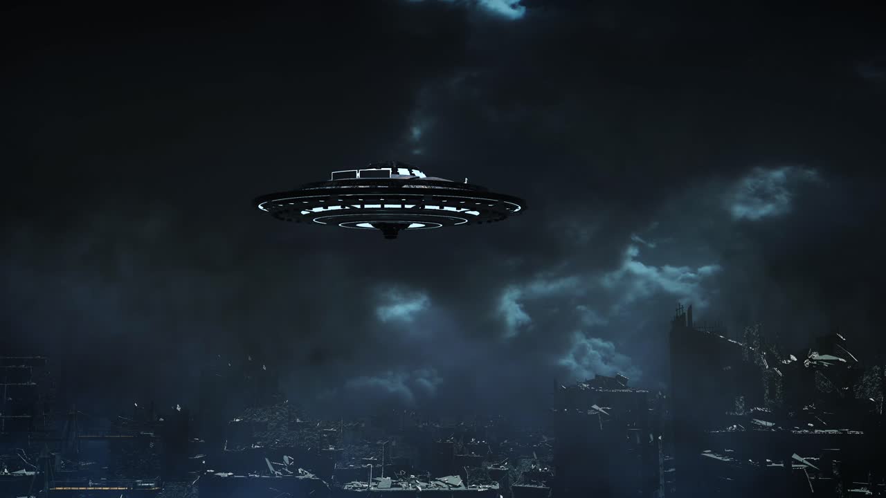 UFO Over Post-Apocalyptic City Ruins