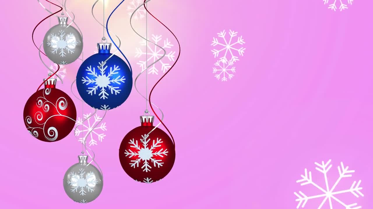 animación de nieve que cae y decoraciones navideñas sobre un fondo rosa.
