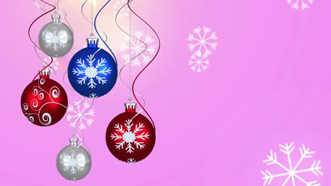 Animation-of-falling-snow-and-christmas-decorations-over-pink-background