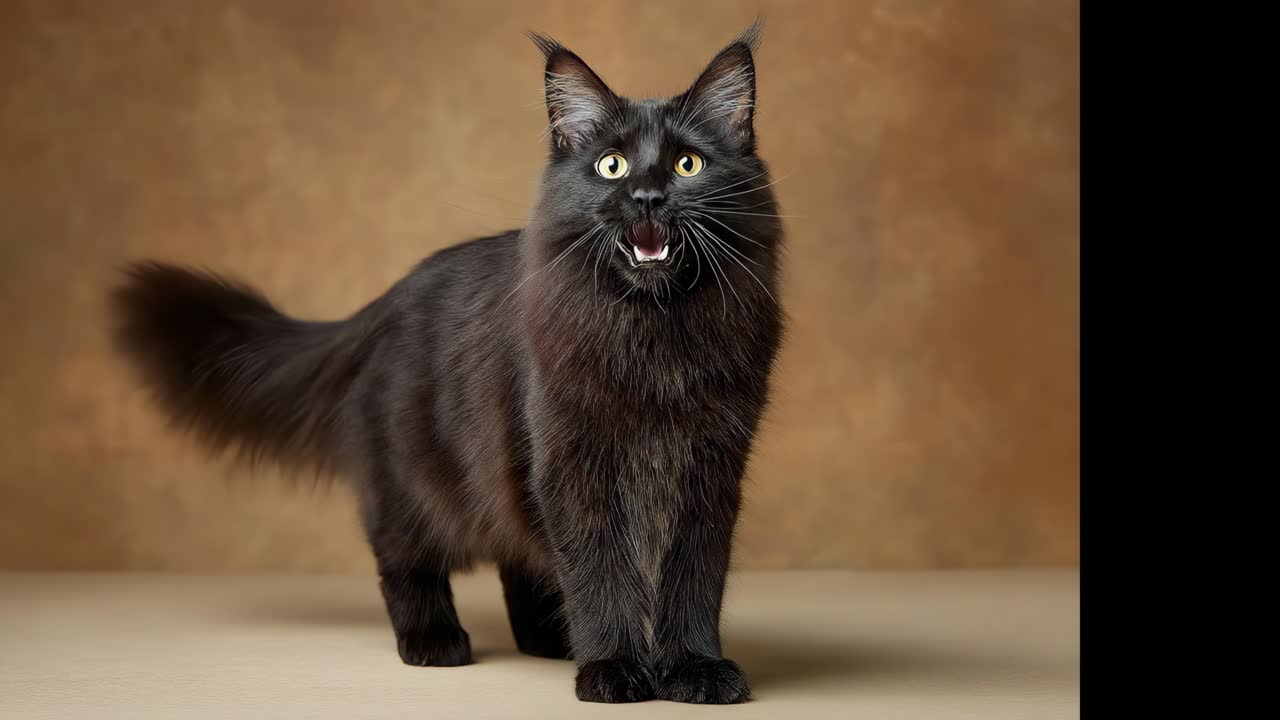 Gatto nero e soffice che cammina su una superficie beige