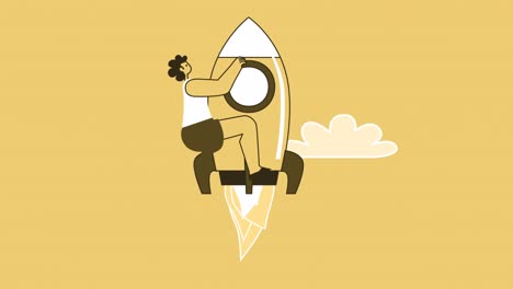 yellow style woman flat character flies up sitting on rocket. isolated loop animation with alpha matters