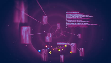 animation of social media reactions and data streams over digital network background