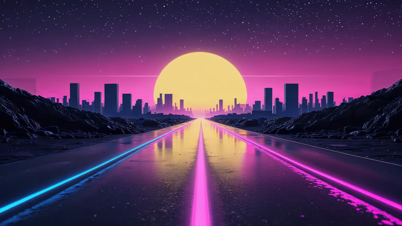 Retro Futuristic Cityscape with Neon Road and Giant Sun