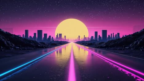 retro futuristic cityscape with neon road and giant sun