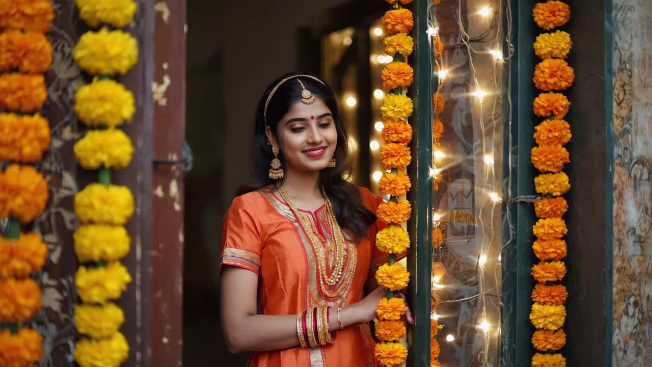 Young woman celebrating Diwali, wearing vibrant orange attire with traditional jewelry, standing near doorway decorated with marigold garlands and glowing string lights