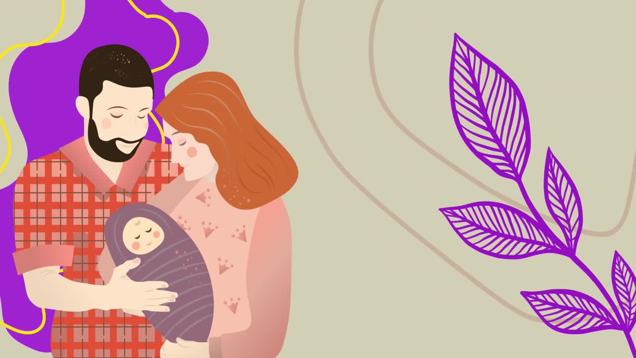 Animación de la ilustración de padres sonrientes sosteniendo a un bebé, con formas orgánicas y hojas moradas