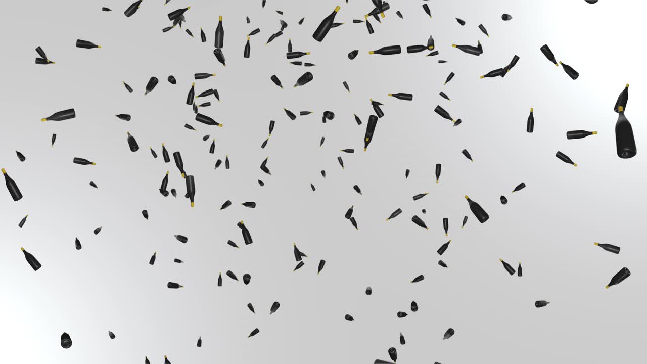 Animation of confetti falling over champagne bottle pouring elebration party tradition luxury and