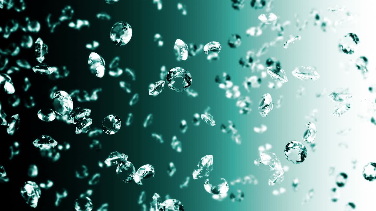 에메랄드 녹색 바탕에 많은 보석 다이아몬드를 날아. 투명하고 귀중한 보석을 빛니다. 화려한 다이애몬드 회전의 3d 애니메이션. 루프 애니메이션.