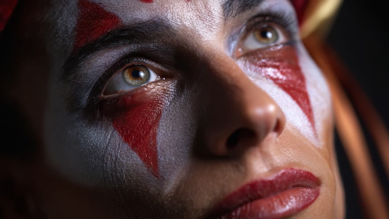 Intense close-up of a female figure adorned in striking face paint featuring red stars on a stark white background, exuding a captivating and dramatic aura