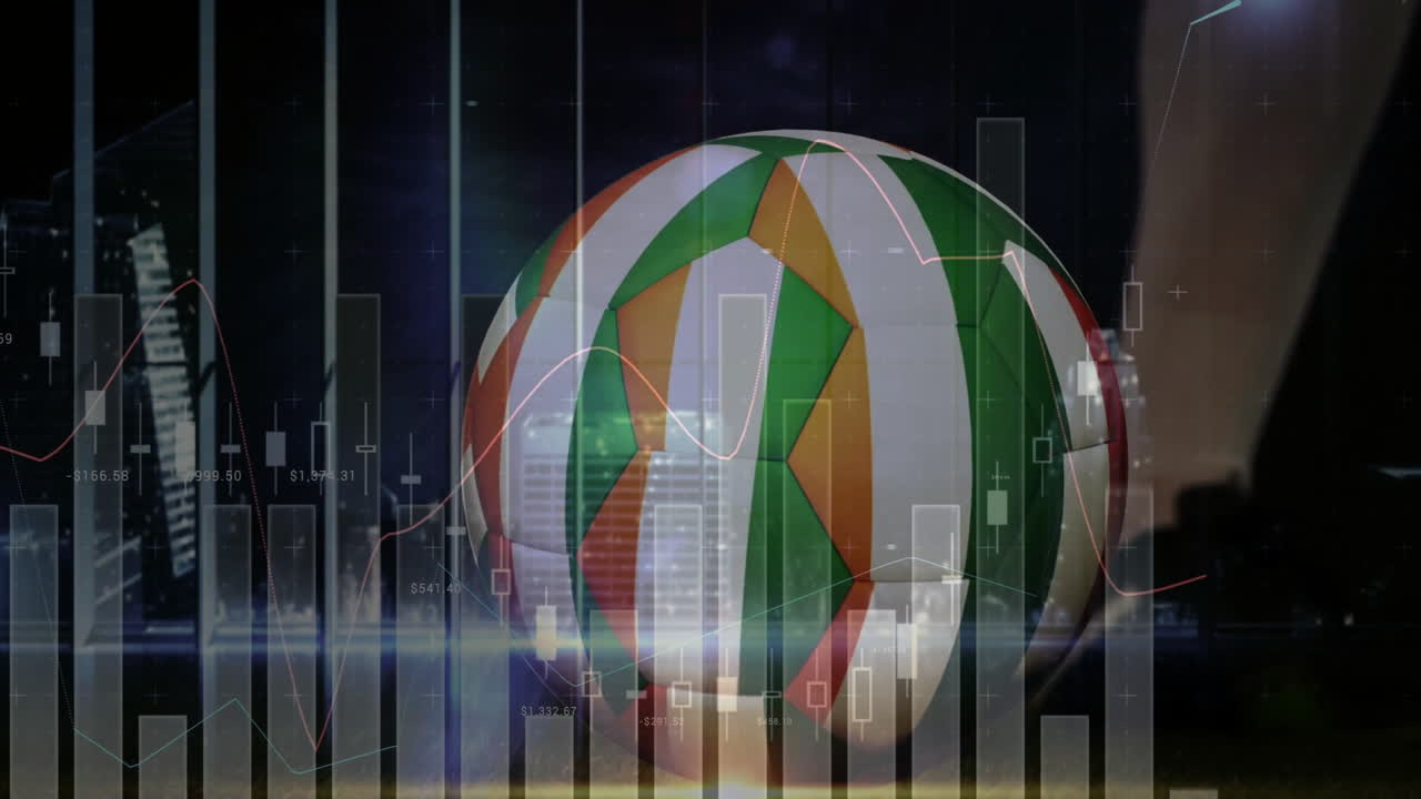 Analyzing financial charts, soccer ball with animation graphics in school setting