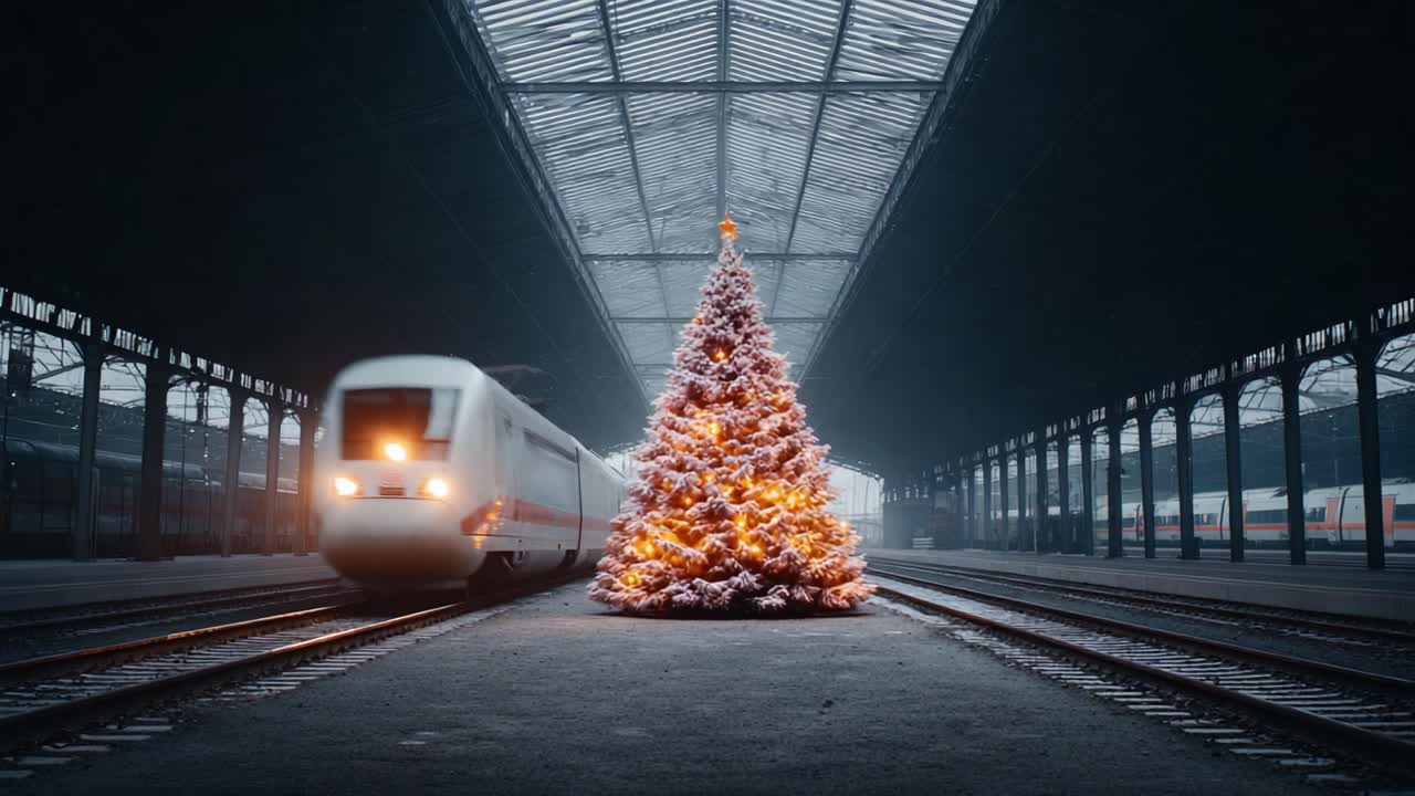 A Magical Christmas Tree Illuminates the Train Station as a High-Speed Train Zooms by, Blending Holiday Spirit with Travel Activity in a Dynamic Urban Setting