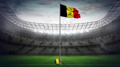 animation of network of connections over flag of belgium and sports stadium