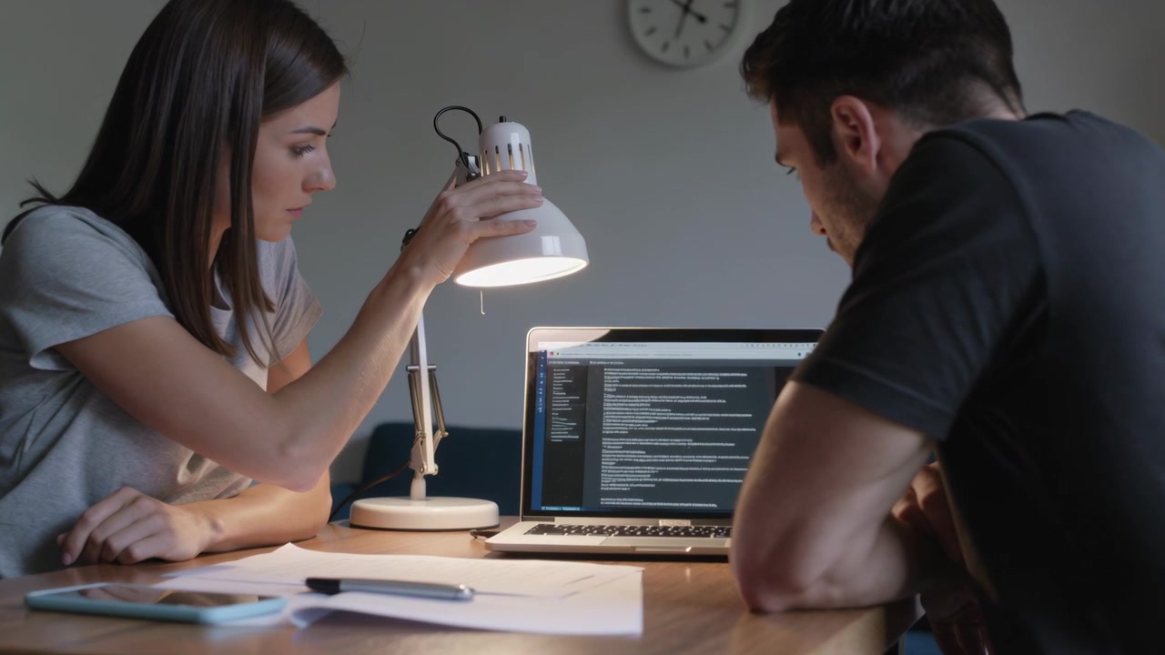 Noticing glare, woman in light top adjusting desk lamp at home office, lighting laptop papers