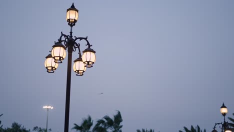 ornamental street lamps at dusk