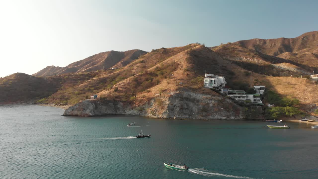 Aerial over small Colombian village at the Caribbean sea
