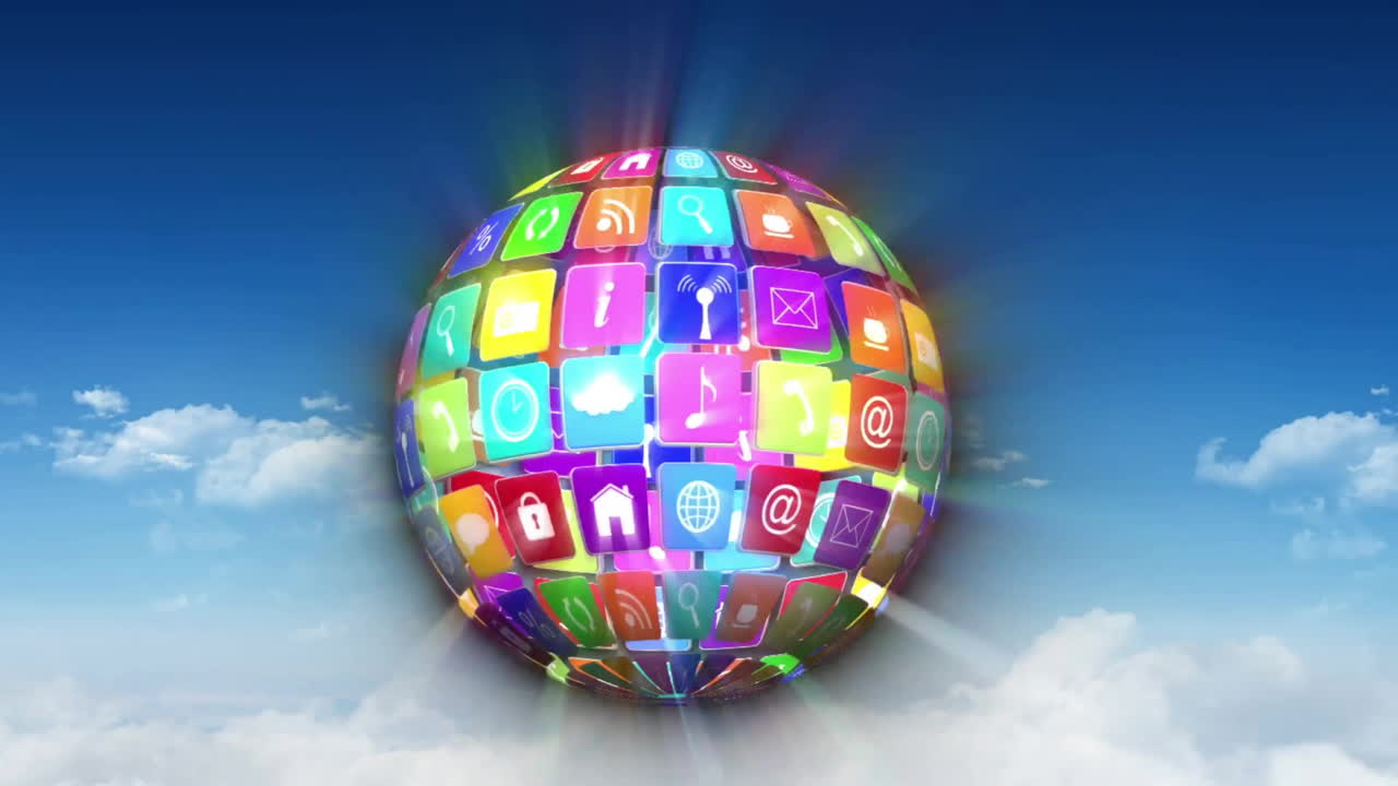 animación del globo de los iconos de los medios sobre las nubes
