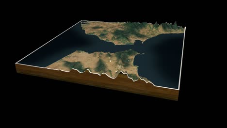 mapa del terreno del estrecho de gibraltar 3d render animado de bucle de 360 grados