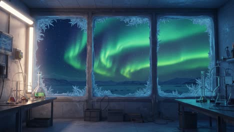 a captivating view of the northern lights from inside a frosty laboratory, showcasing the stunning dance of colors against a starry night sky