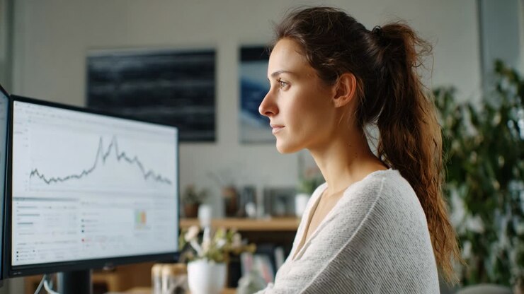 Persona concentrata che analizza dati su uno schermo di computer in un ambiente luminoso, impegnata in un'analisi dettagliata con grafici visibili, a dimostrazione di concentrazione e professionalità