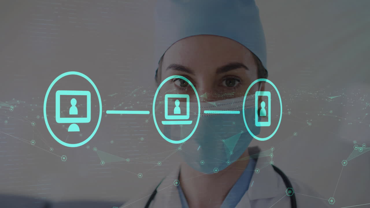 Animation of medical icons over caucasian female doctor in face mask