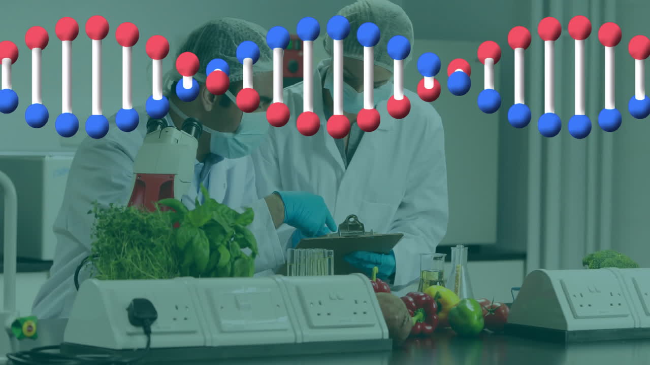 animación de la cadena de adn sobre diversos científicos en el laboratorio
