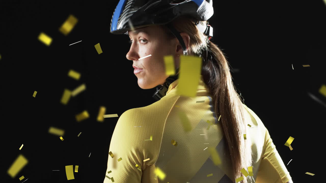 animación de confeti cayendo sobre una ciclista caucásica en fondo negro