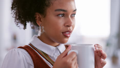 face, coffee and thinking with a black woman