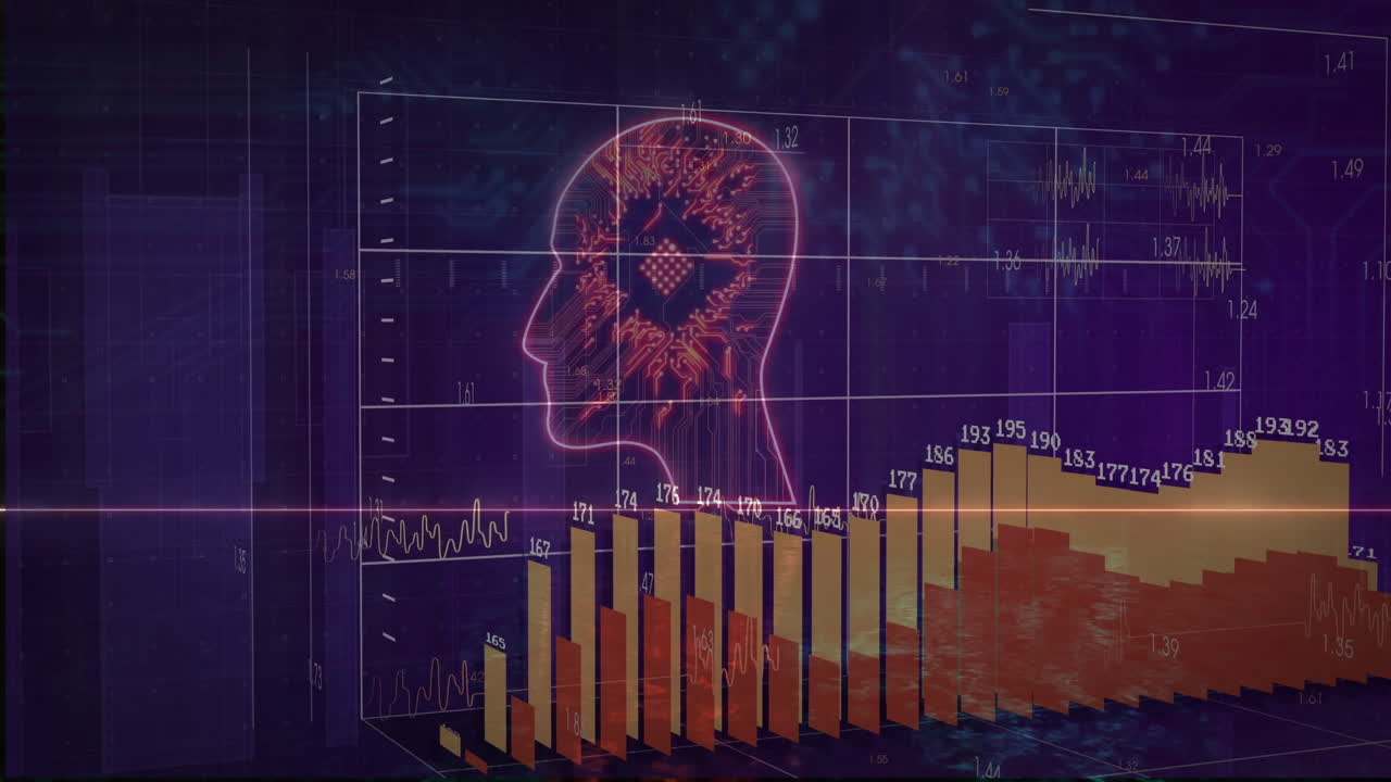 Animation of digital brain over 3D bar graph with data grid background