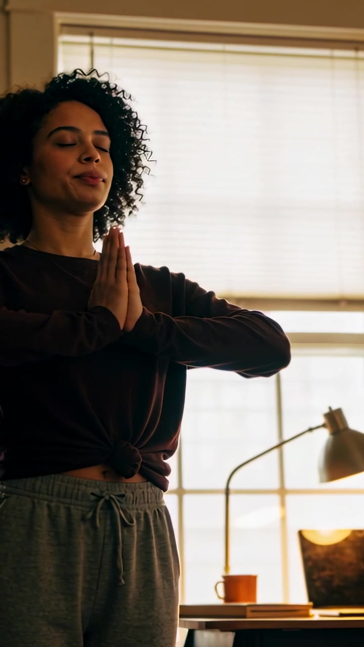 Vertical video: Closing eyes, woman in sweatshirt breathing in prayer for calm at home, with lamp