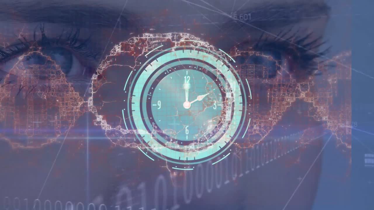 データ処理と白人女性の目の上に動く時計のアニメーション